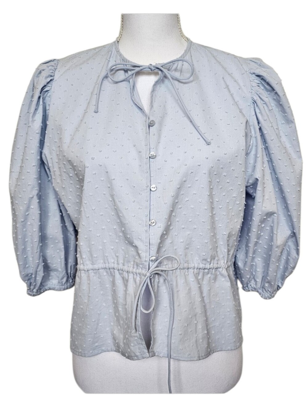 H&M Pale Blue Puff-sleeved Swiss Dot Cotton Blouse Buttons Cinch Waist Size M
